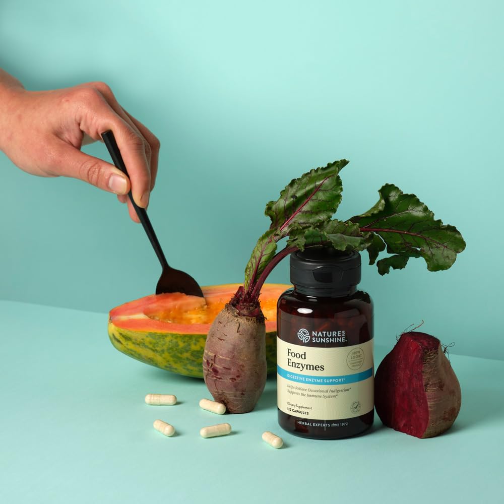 Nature's Sunshine Food Enzymes label detail showcases enzyme blend for digestion support.