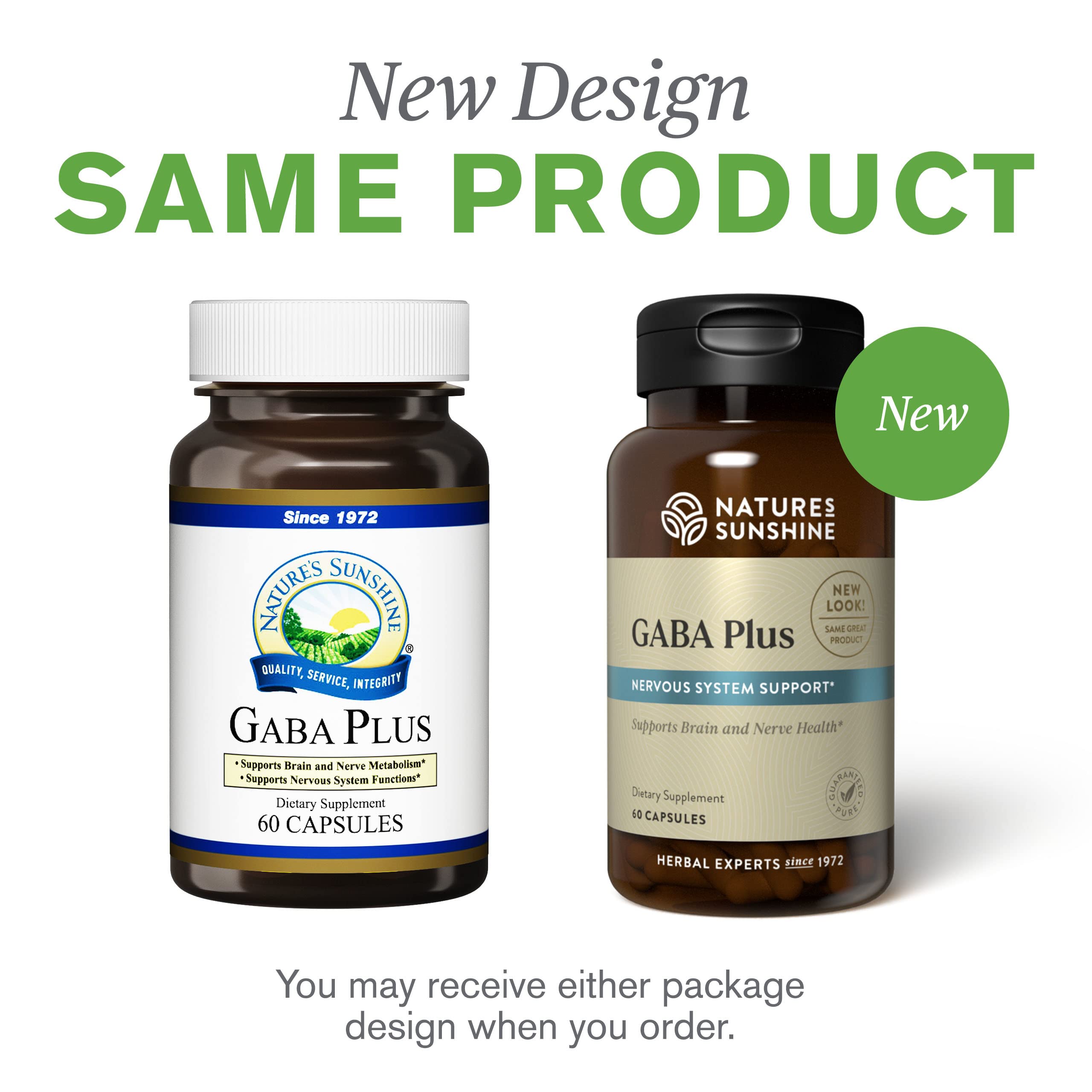 Nature's Sunshine GABA Plus daily-use scene with capsules beside water