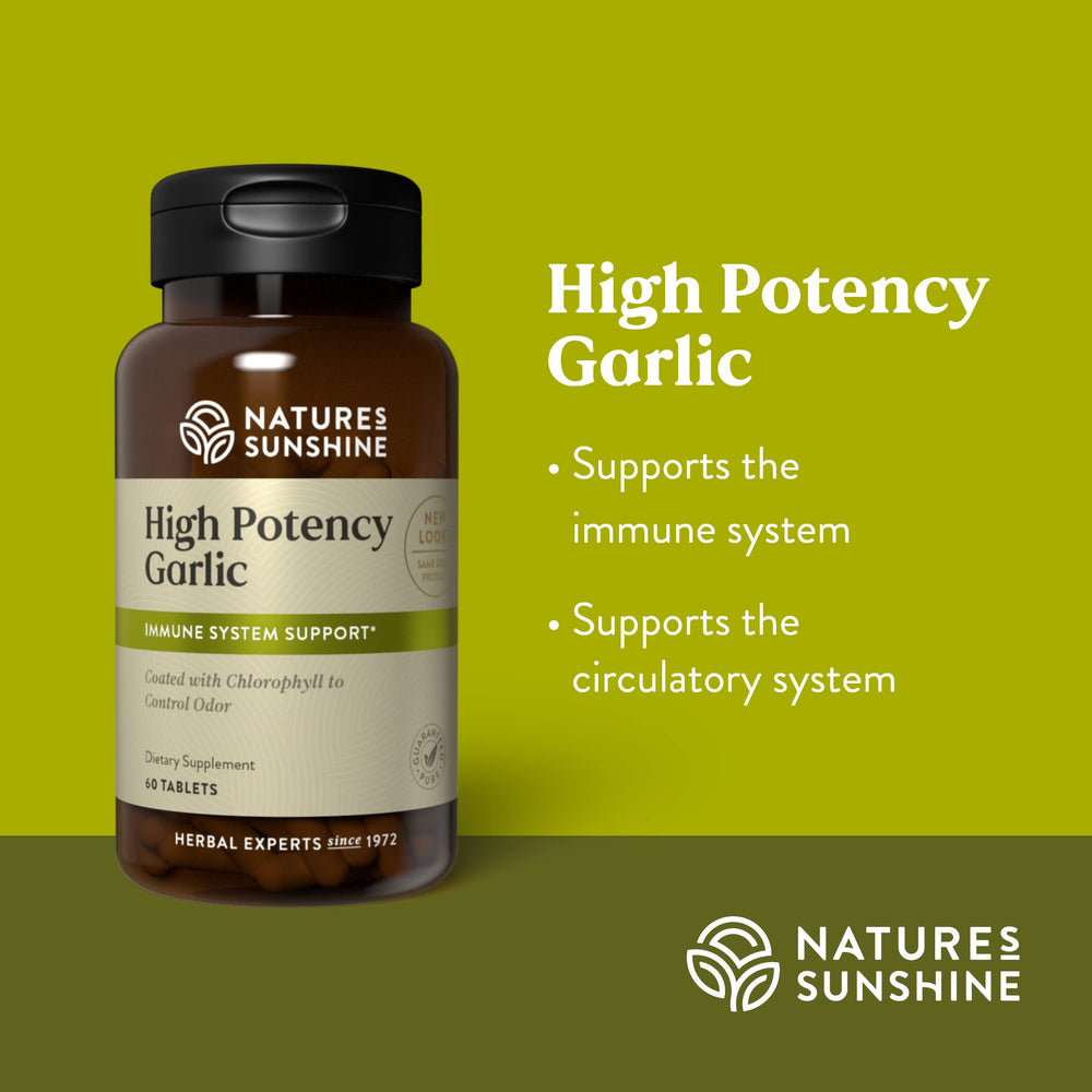 Garlic tablets showing 400 mg potency on Nature's Sunshine label for daily use