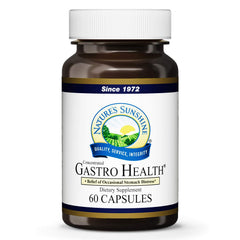 Nature's Sunshine Gastro Health bottle front view, 60 capsules, for occasional heartburn relief.