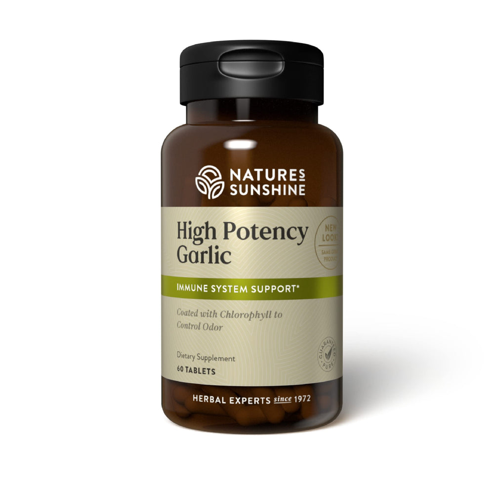 Nature's Sunshine high potency garlic 60 tablets in bottle, suggesting immune support and odor control