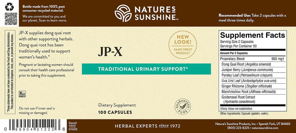 Nature's Sunshine JP-X capsules ready for daily intake in a bottle.