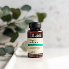 Nature's Sunshine Kidney Activator box label highlights herbal blend for urinary health.