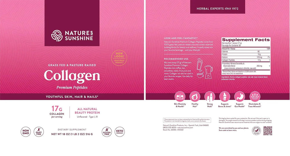 Nature's Sunshine collagen powder on kitchen counter suggests versatile everyday use
