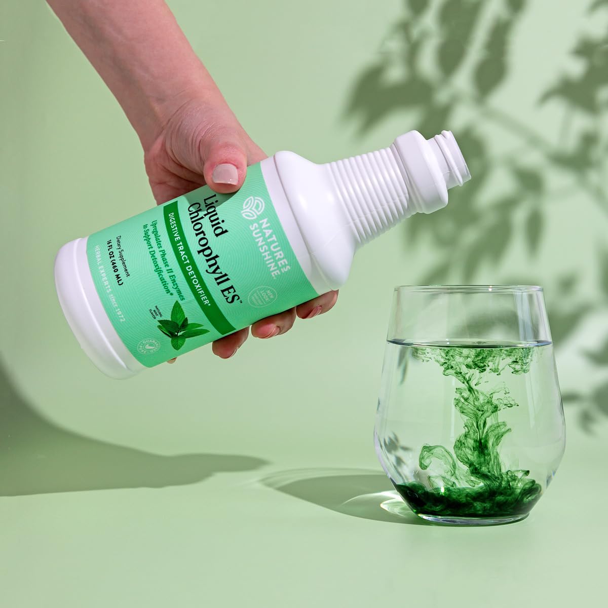 Nature's Sunshine Liquid Chlorophyll amber bottle on a counter signaling premium herbal formula.