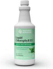 Nature's Sunshine Liquid Chlorophyll bottle closeup for detox and vitality.