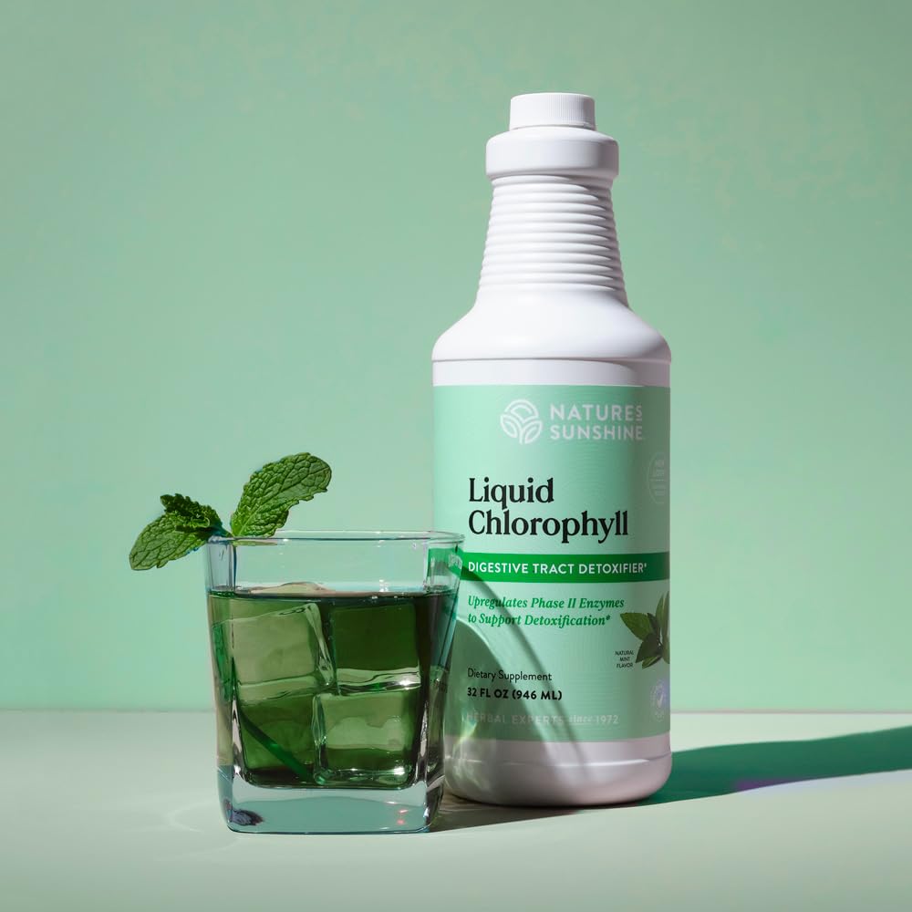 Nature's Sunshine Liquid Chlorophyll drops dispensing for easy daily use.