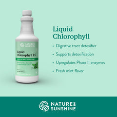 Nature's Sunshine Liquid Chlorophyll with spearmint oil bottle highlighting fresh flavor.