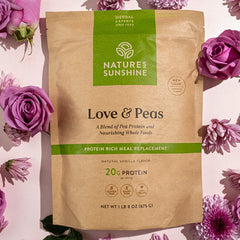 Nature's Sunshine Love and Peas bag back label with vegan certified information.