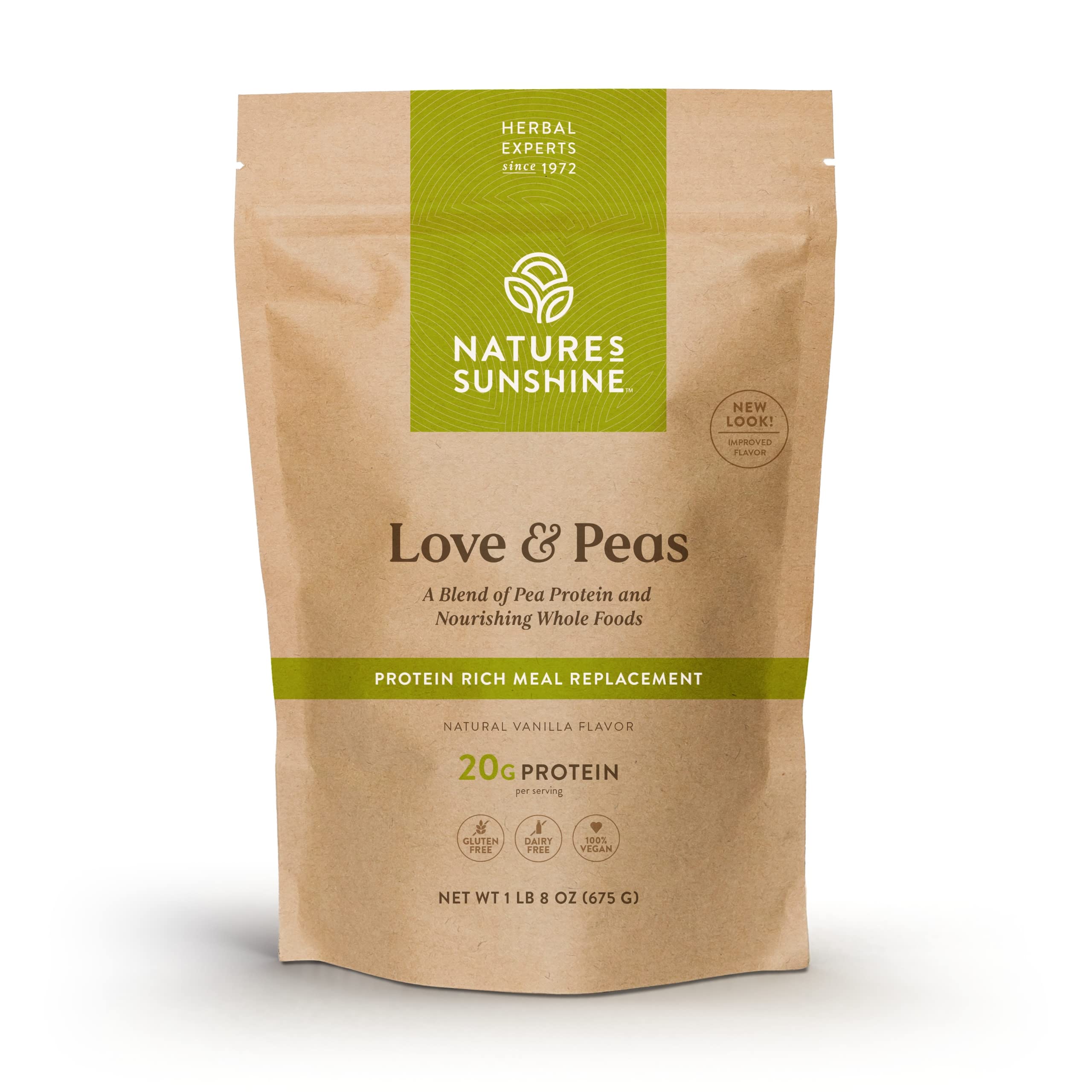 Nature's Sunshine Love and Peas bag front view, plant-based protein per serving.