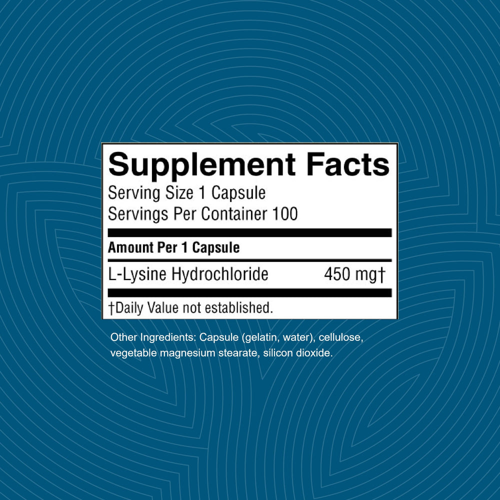 Nature's Sunshine L-Lysine capsules shown in blister pack for daily intake.