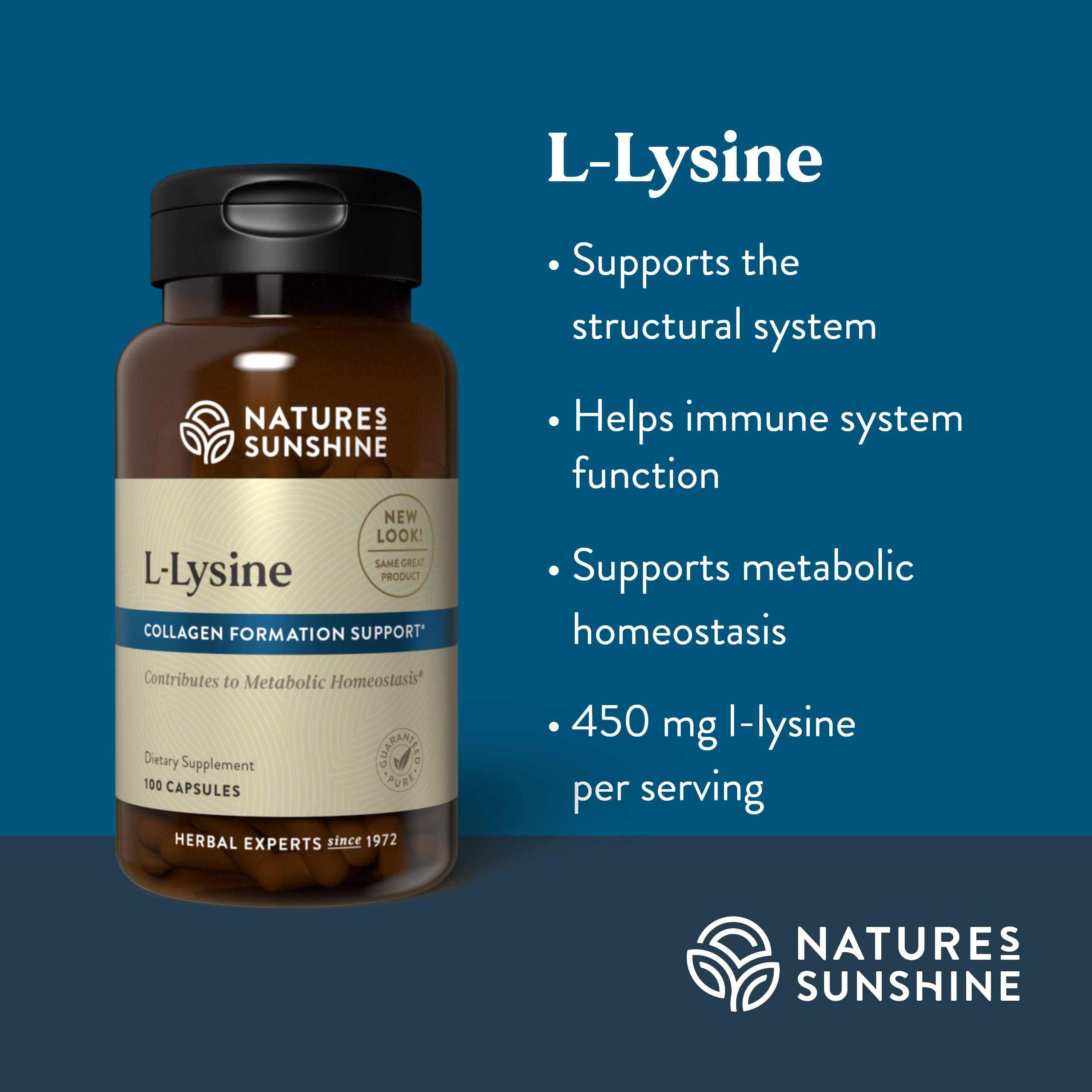 Nature's Sunshine L-Lysine product shot with USA-made badge.