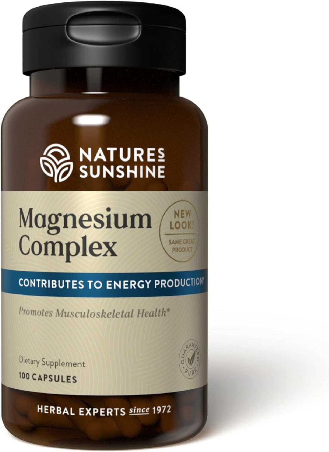Nature’s Sunshine Magnesium Complex bottle label shows a non-GMO formulation for clean supplementation