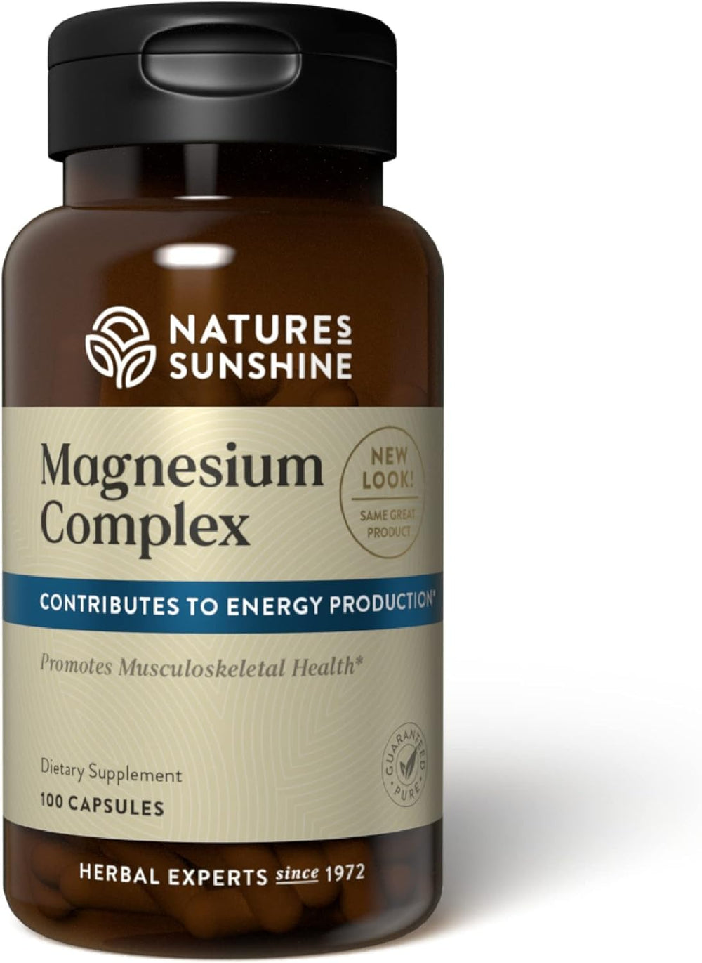 Nature’s Sunshine Magnesium Complex bottle label shows a non-GMO formulation for clean supplementation