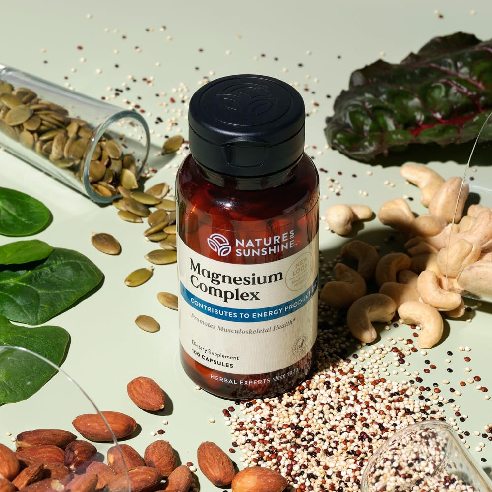 Nature’s Sunshine Magnesium Complex serving size graphic highlights 184 mg of citrate and malate per serving