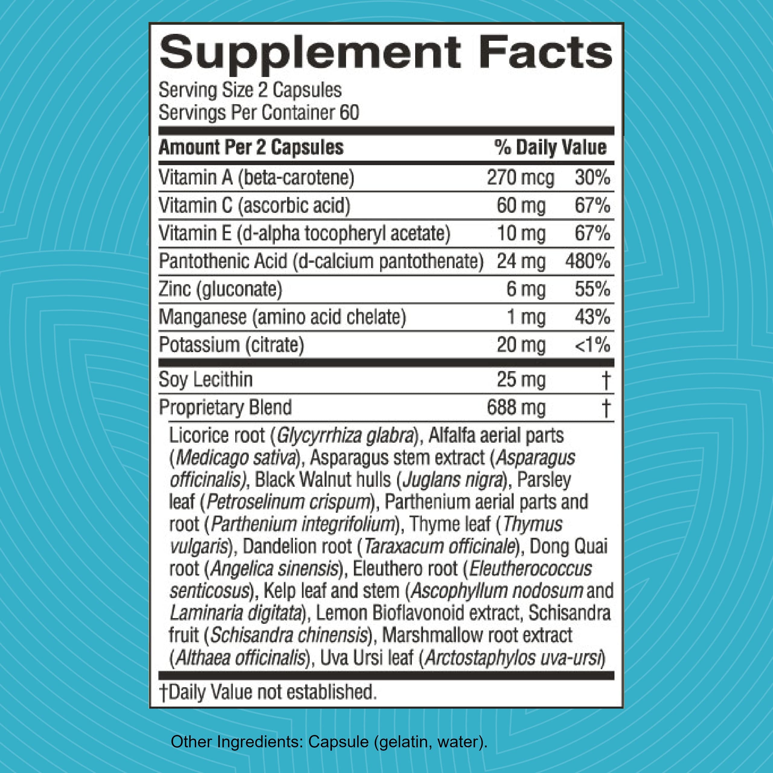 Nature's Sunshine Master Gland label shows vitamins, minerals and antioxidants.