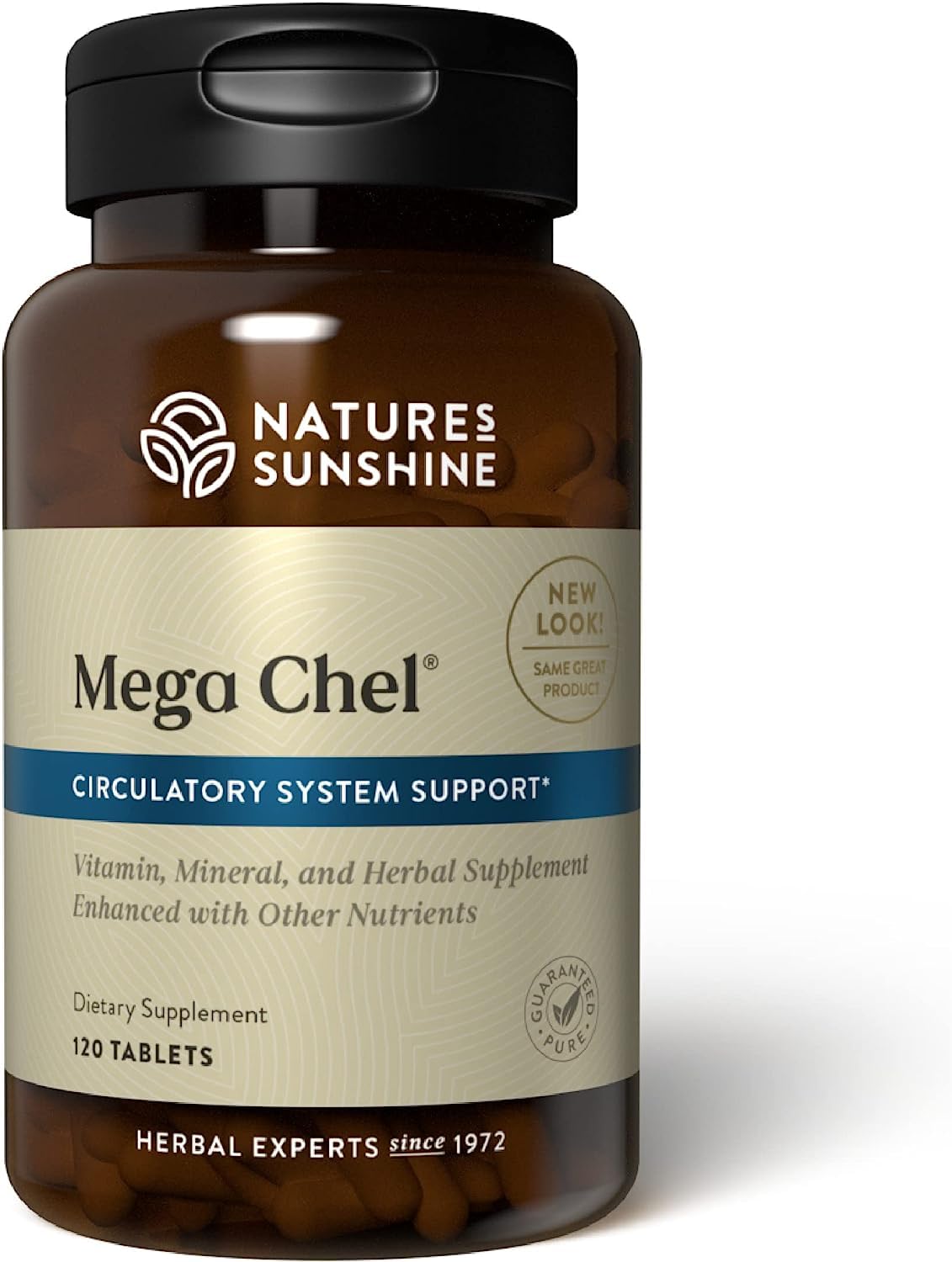 Nature's Sunshine Mega-Chel bottle front showing a complete vitamin formula for daily circulatory support