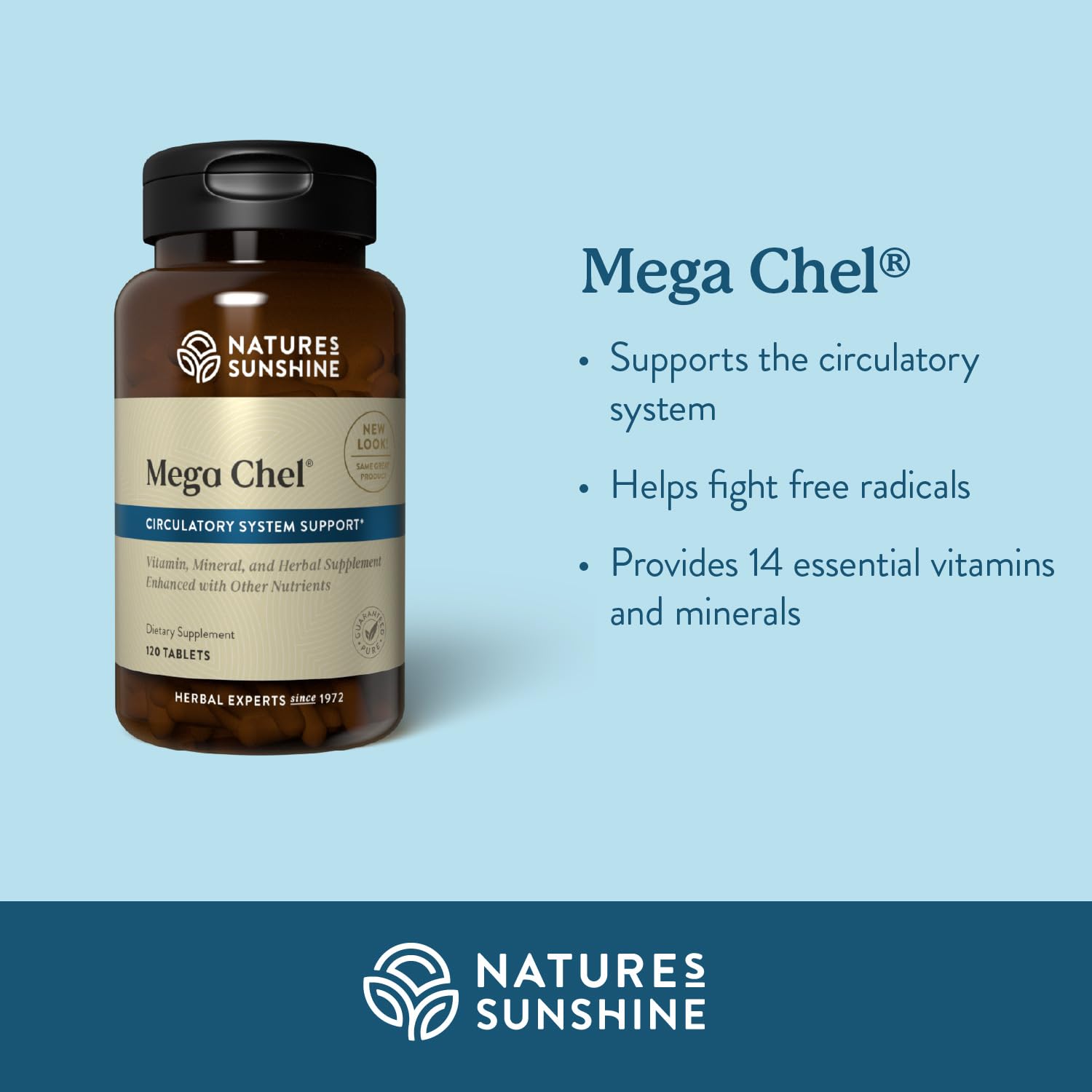 Nature's Sunshine Mega-Chel label detail emphasizing pure ingredients and trusted quality