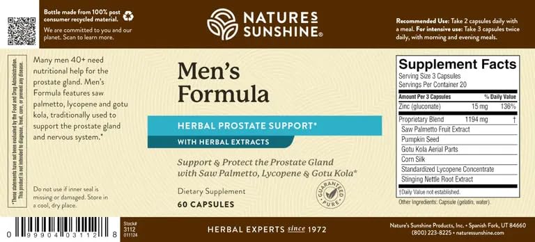 Nature's Sunshine Men's Formula zinc and botanicals suggesting comprehensive mineral support.