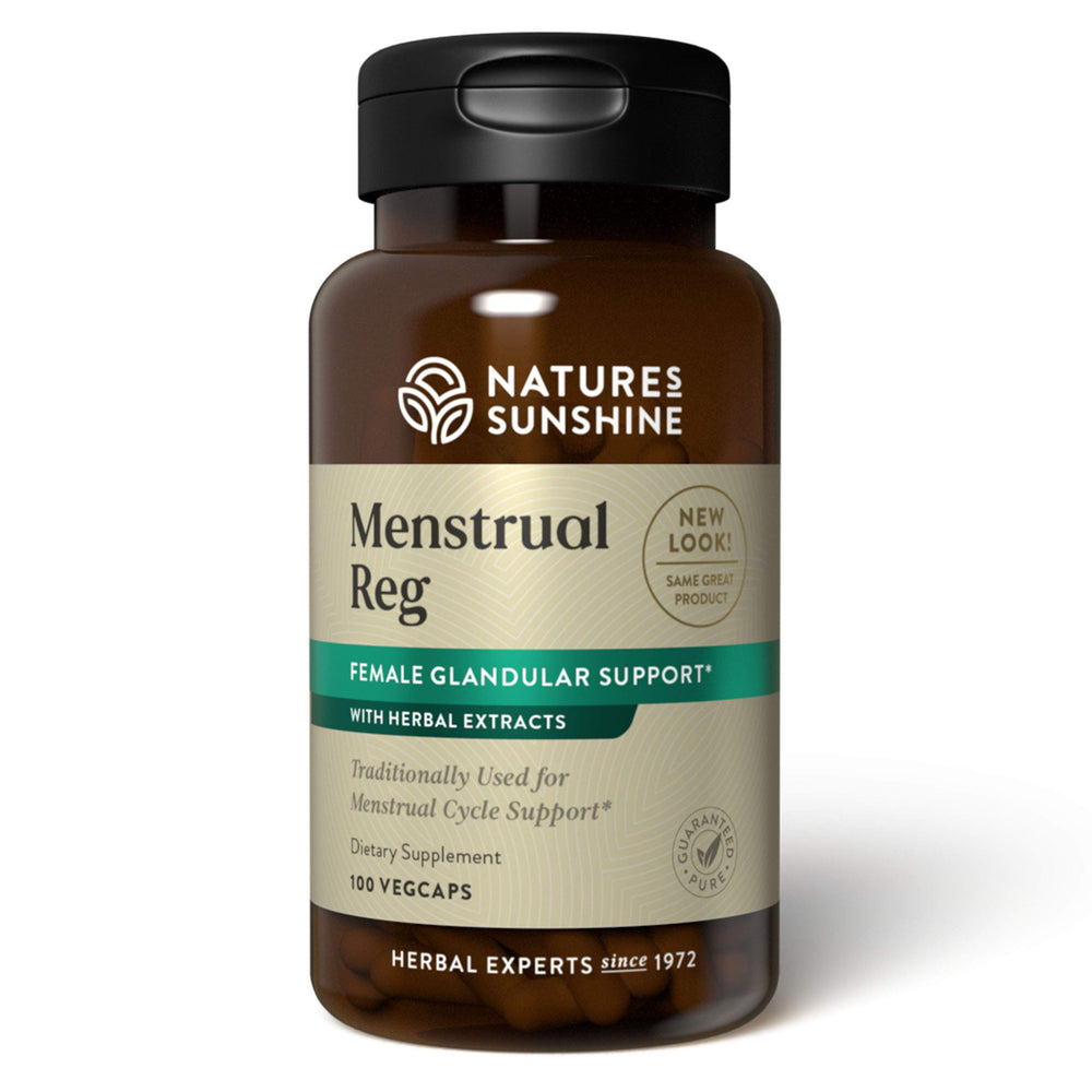 Nature's Sunshine Menstrual Reg bottle supports balanced comfort during cycles.