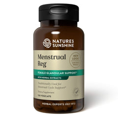 Nature's Sunshine Menstrual Reg bottle supports balanced comfort during cycles.