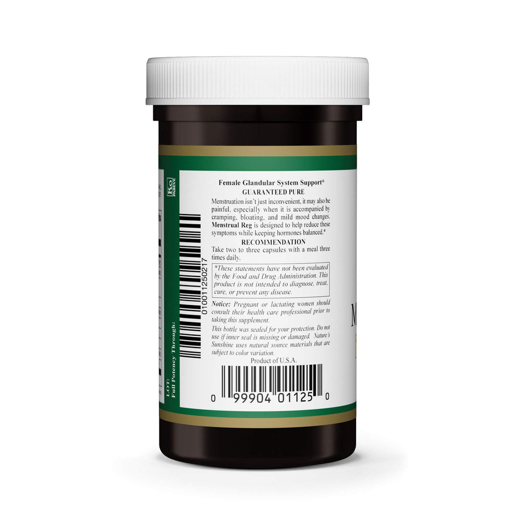 Nature's Sunshine Menstrual Reg herbal blend close-up highlights helpful ingredients for balance.