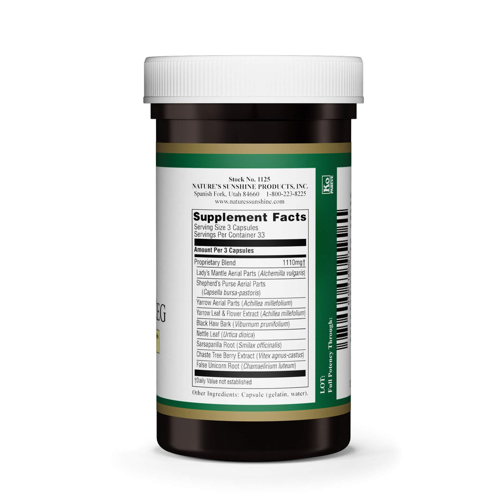 Nature's Sunshine Menstrual Reg label on bottle aids quick identification and trust.