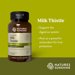 Nature's Sunshine Milk Thistle bottle on kitchen counter for daily liver support routine