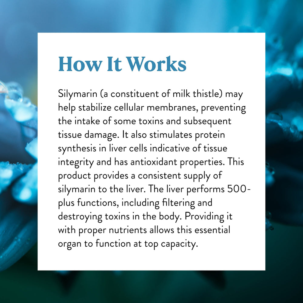 Product shot emphasizes toxin defense potential of Nature's Sunshine Milk Thistle supplement