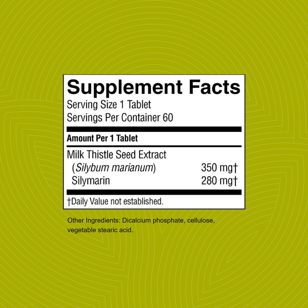 Nature's Sunshine Milk Thistle label shows organic seed extract, 80% silymarin, natural supplement