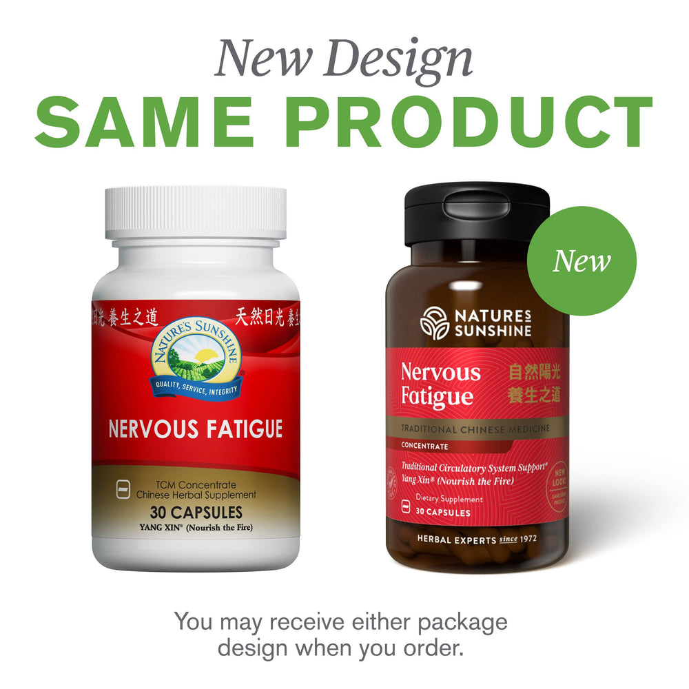 Nature's Sunshine Nervous Fatigue TCM bottle beside a glass for easy daily use