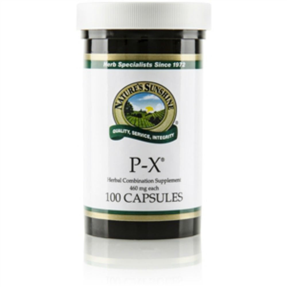 Nature's Sunshine P-X 100 Capsules bottle close-up for daily wellness support.