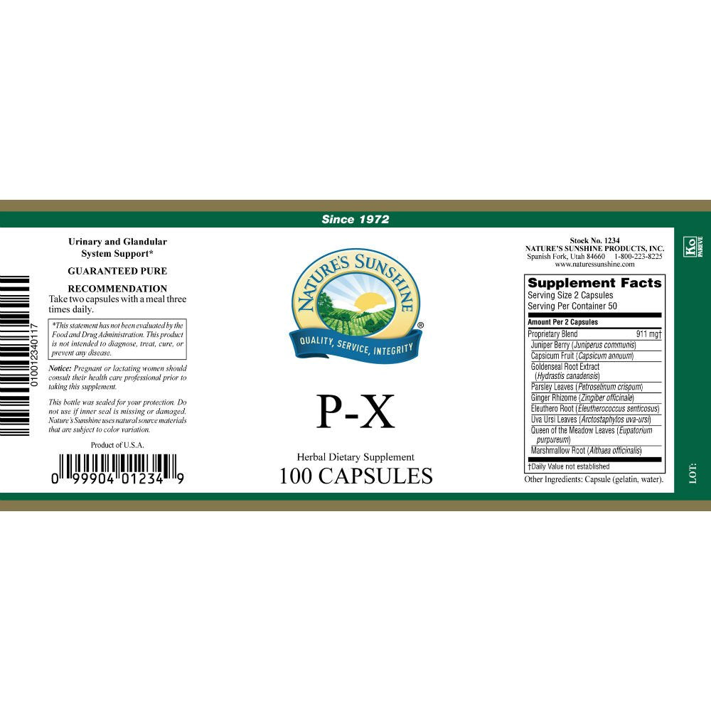 Nature's Sunshine P-X 100 Capsules packaging close-up highlighting reliable daily use.