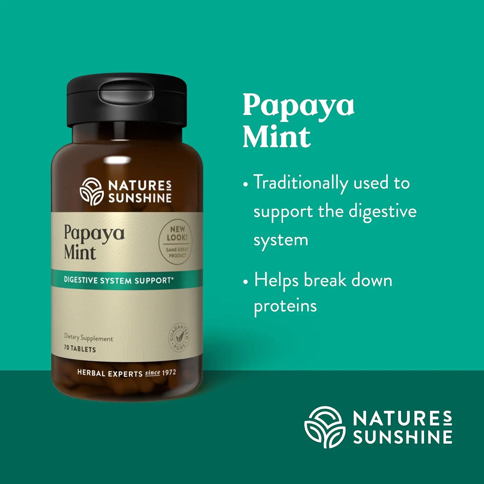 Papaya leaf and peppermint blend with tablets for digestion and flavor.