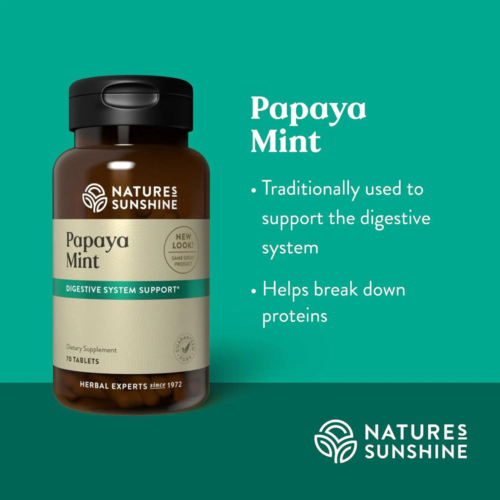 Papaya leaf and peppermint blend with tablets for digestion and flavor.