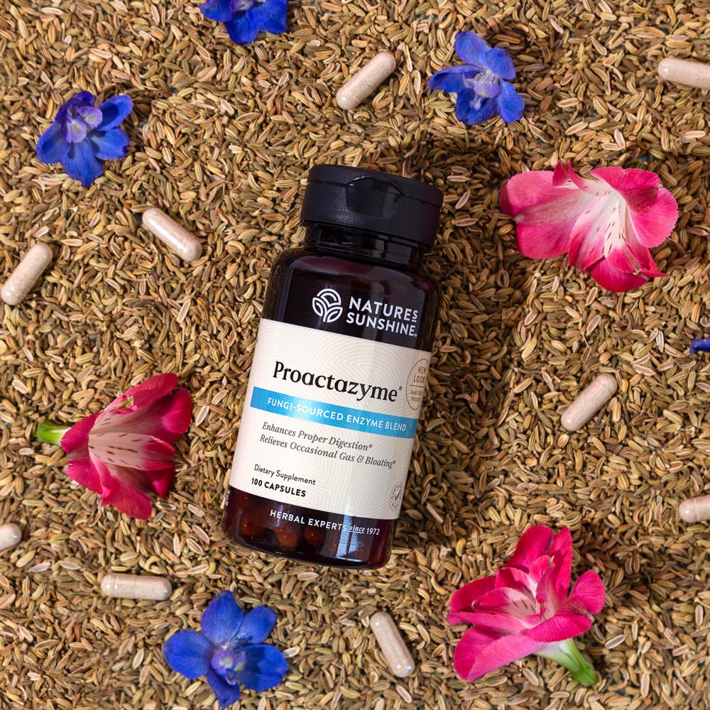 Nature's Sunshine Proactazyme bottle front displays branding and product purpose.