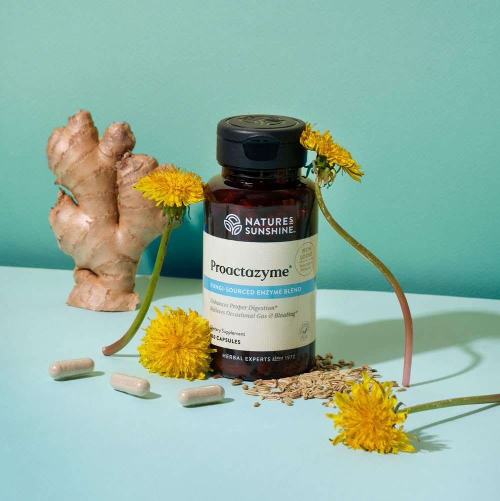 Nature's Sunshine Proactazyme capsules closeup highlights plant-based enzymes for meals.