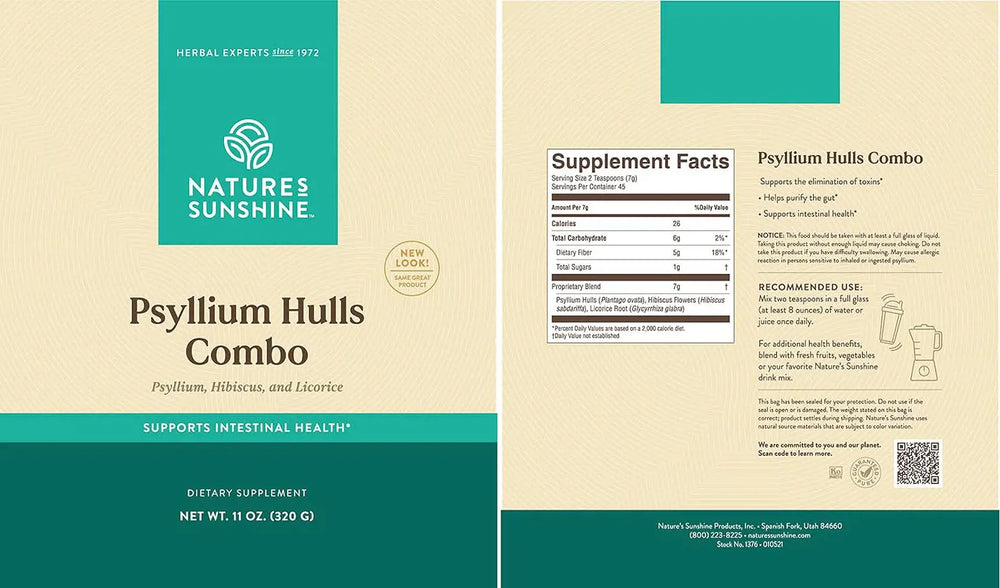 Nature's Sunshine Psyllium Hulls jar label highlights purity and heritage.