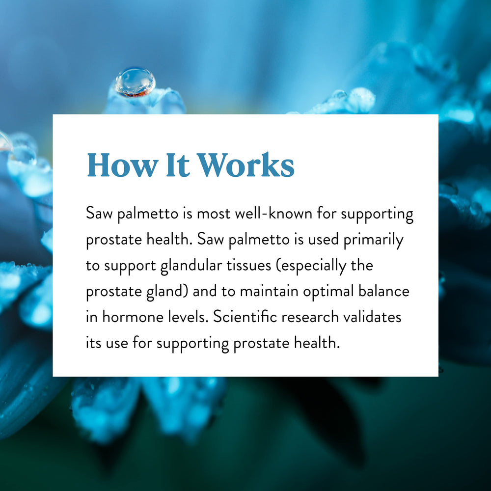 Nature's Sunshine Saw Palmetto bottle beside capsules supports simple daily routine.