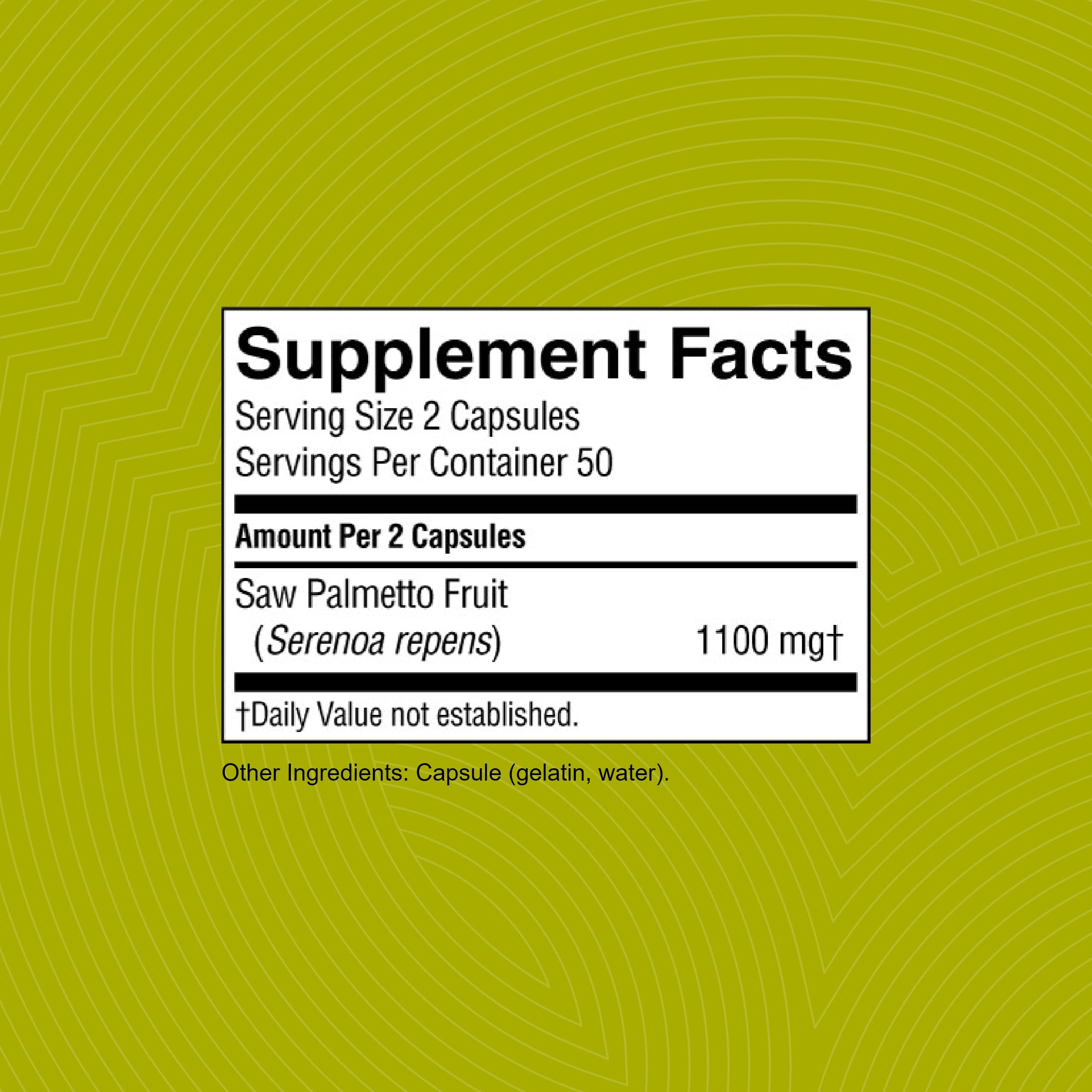 Nature's Sunshine Saw Palmetto label close-up highlights single-ingredient formula.
