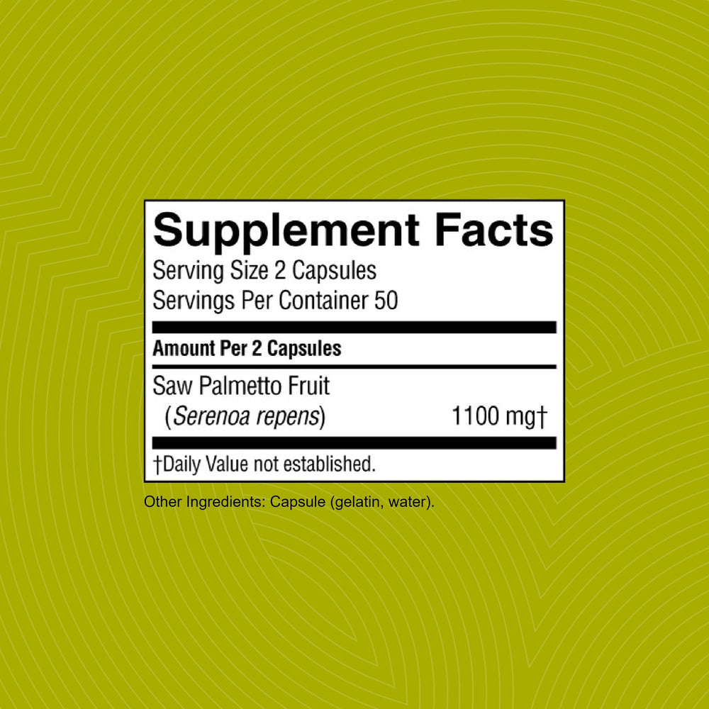 Nature's Sunshine Saw Palmetto label close-up highlights single-ingredient formula.