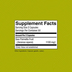 Nature's Sunshine Saw Palmetto label close-up highlights single-ingredient formula.