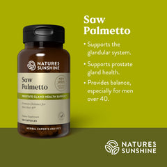 Nature's Sunshine Saw Palmetto packaging on desk for everyday wellness.
