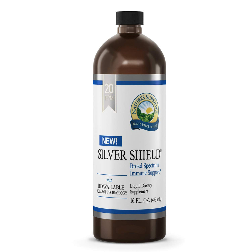 Nature's Sunshine Silver Shield Liquid 16oz bottle on the counter for daily use