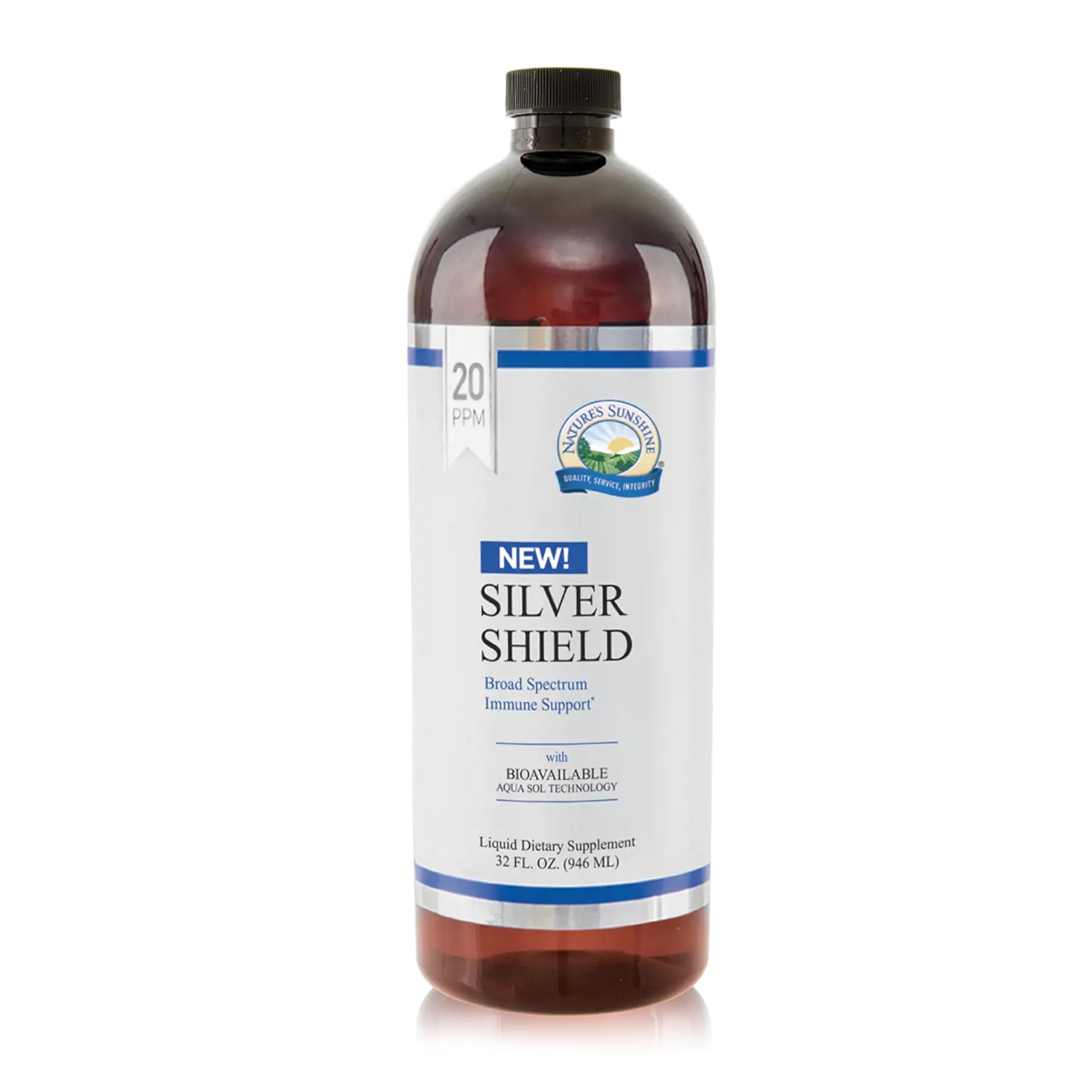 Nature's Sunshine Silver Shield Liquid bottle front showing premium colloidal silver for immune support