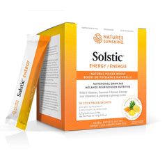 Nature's Sunshine Solstic Energy package label with citrus flavor and low-calorie energy
