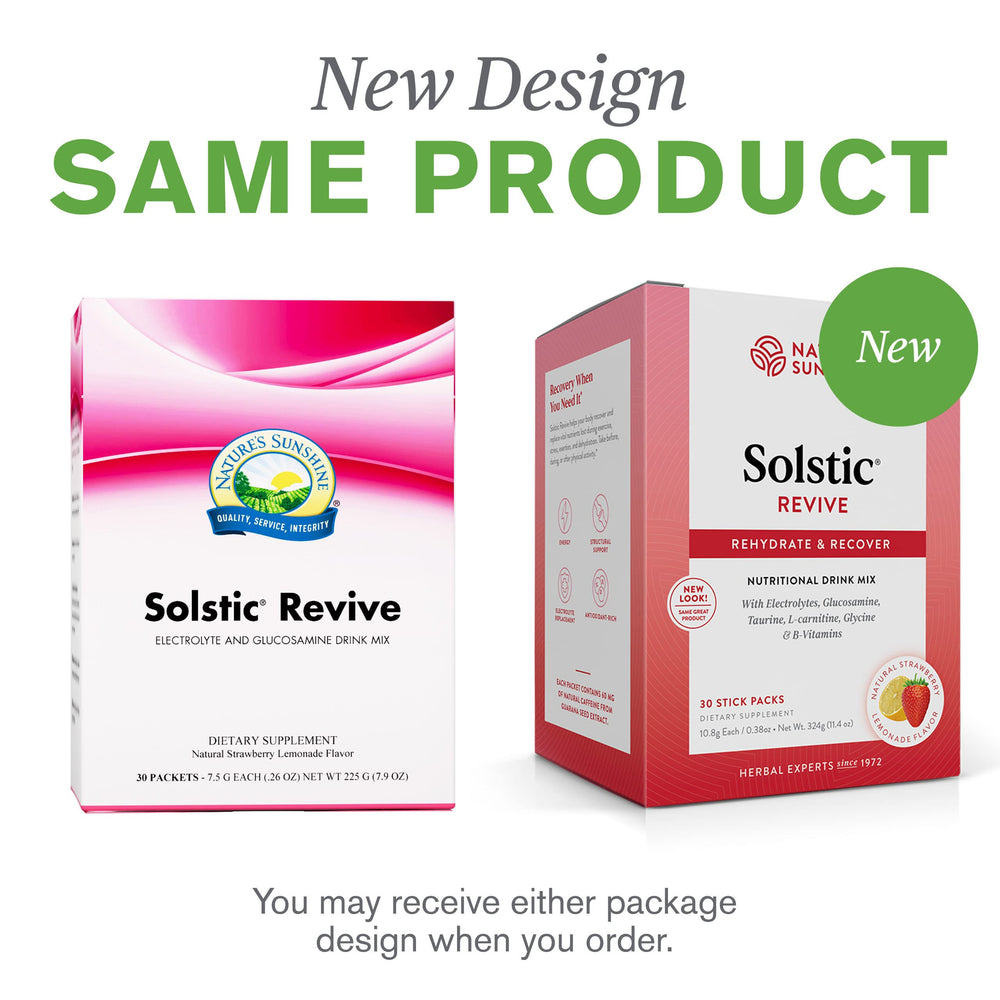 Solstic Revive packaging on a kitchen countertop with fresh fruit