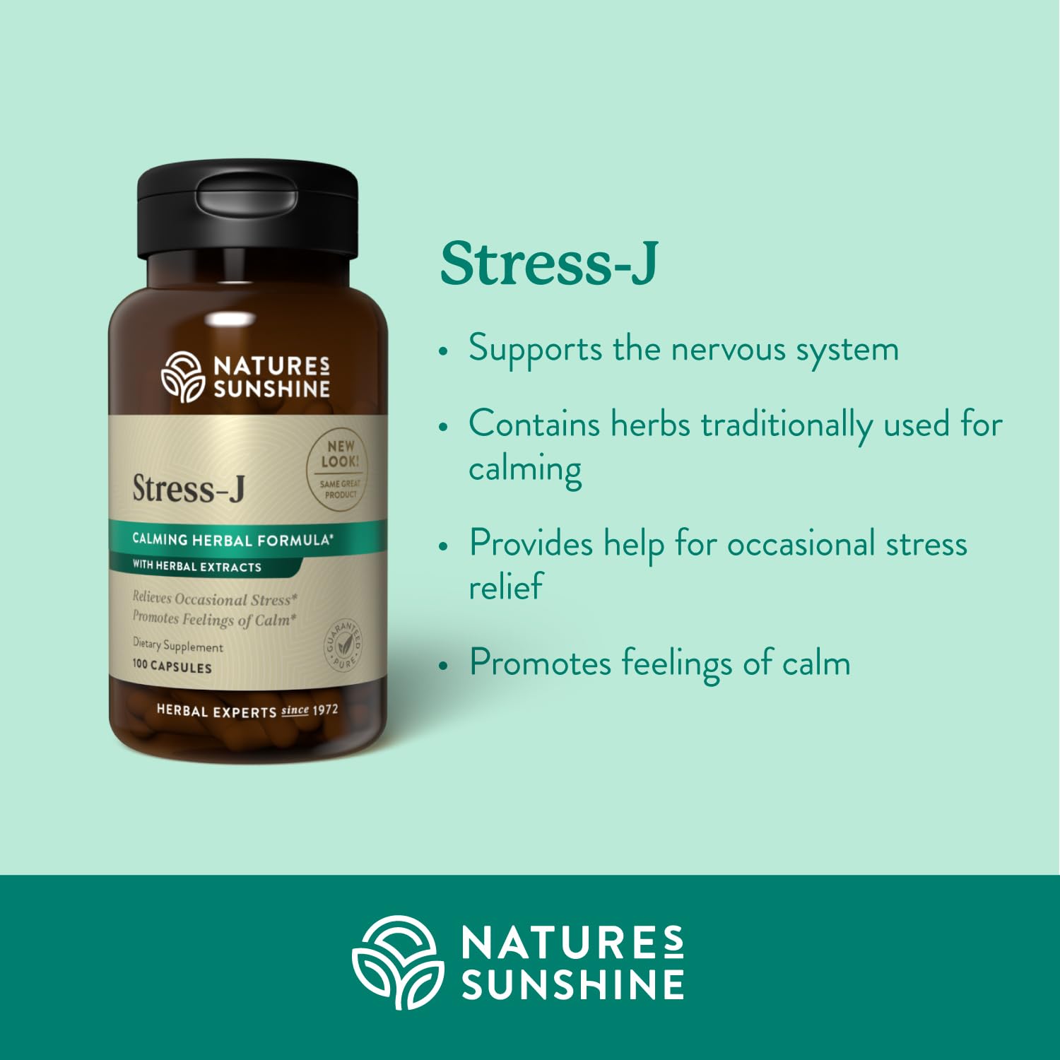 Nature's Sunshine Stress-J bottle label highlights botanical blend