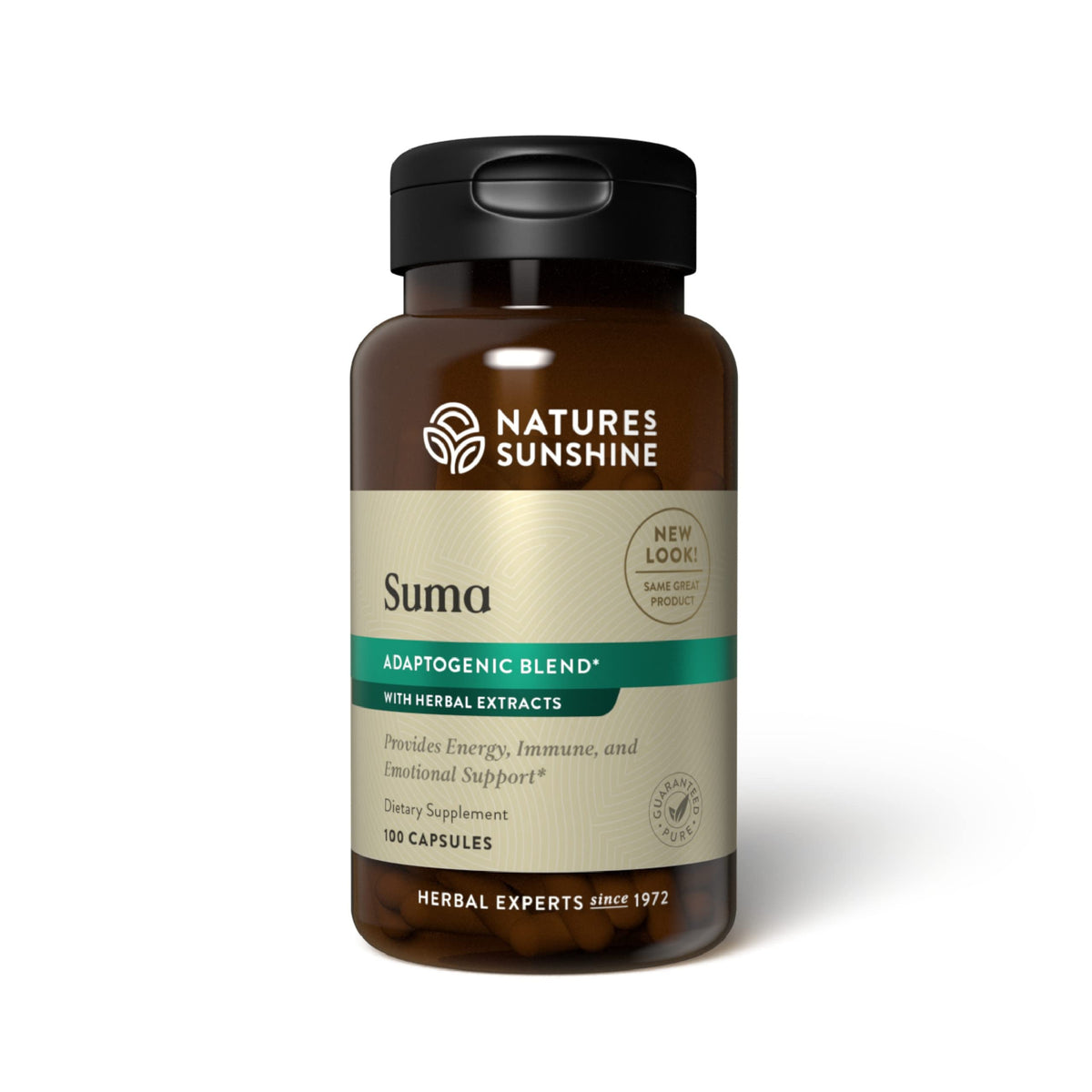 Nature's Sunshine Suma Combination bottle showcases compact container for daily immune support.