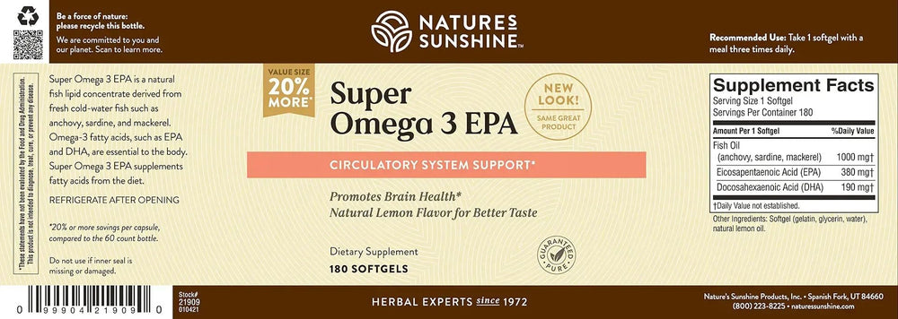 Nature's Sunshine Super Omega-3 label closeup shows supplement facts clearly.